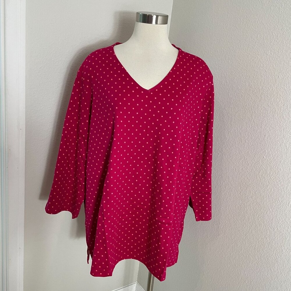 Isaac Mizrahi Live Womens Plus 4X Pink Polka Dot V Neck Long Sleeve Tunic Top